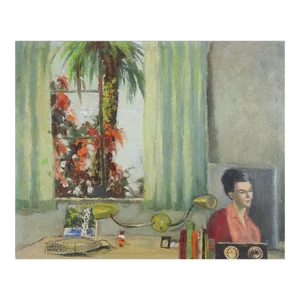 Vintage Mid Century Interior Setting and Palm Tree From Window Painting