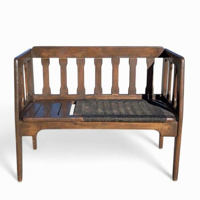 Mid-Century Wood Bench With Black Woven Strap Seat For Sale - Image 15 of 15
