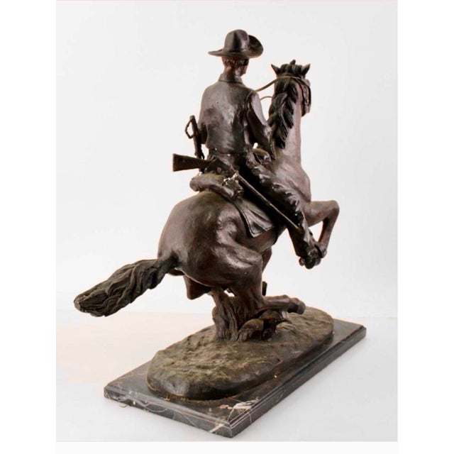 Mid 20th Century After Frederic Remington “Trooper of the Plains” Bronze Equestrian Sculpture on Marble Base For Sale - Image 4 of 8