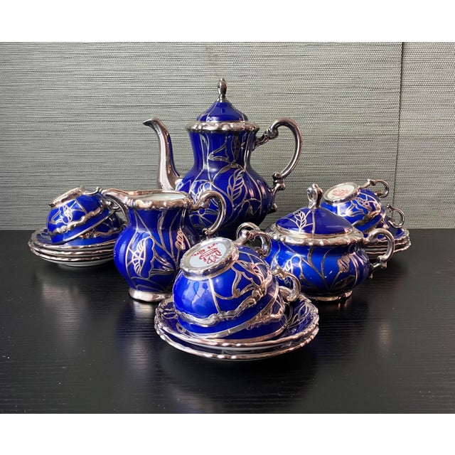 Art Nouveau Antique Deusca Porzellan Pure Silver Overlay Tea Set, Cobalt - 19 pcs For Sale - Image 3 of 10