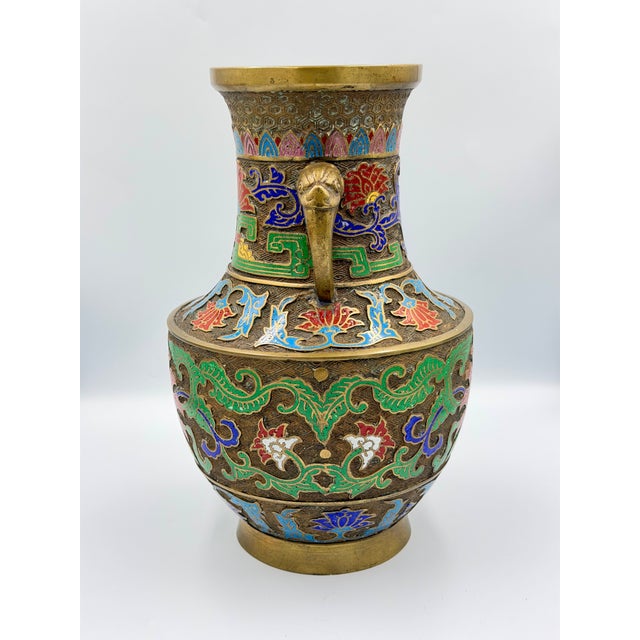 Antique Japanese Bronze Champleve Enamel Cloisonne Temple Vessel Vase Urn For Sale - Image 4 of 6