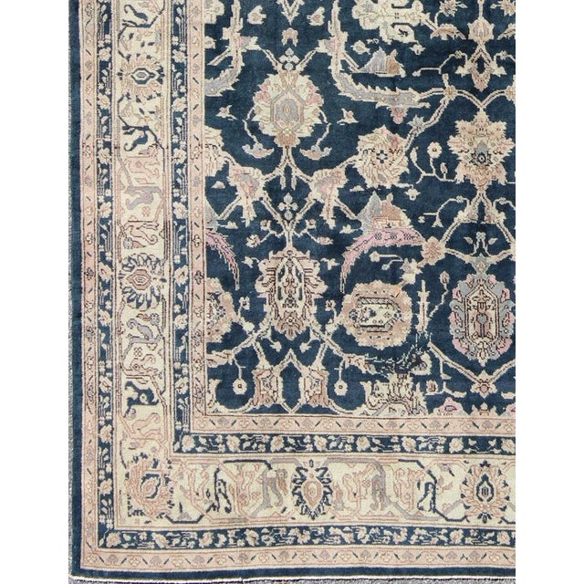 Turkish Rug With Deep Navy Background and Botanical Motifs For Sale - Image 4 of 7