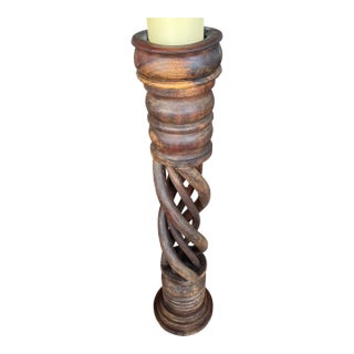 Vintage Indonesian Bali Carved Woodend Barley Twist Floor Candle Stand Holder For Sale