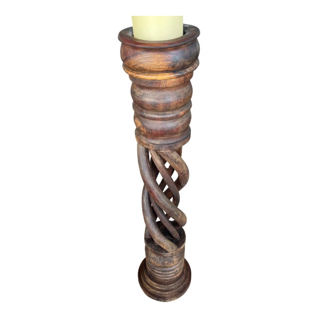 Vintage Indonesian Bali Carved Woodend Barley Twist Floor Candle Stand Holder For Sale