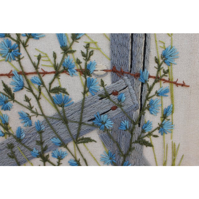 Mid-Century Modern Vintage Hand Stitched Yarn Art "Barbed Wire With Wild Flowers" Wall Art For Sale - Image 3 of 8
