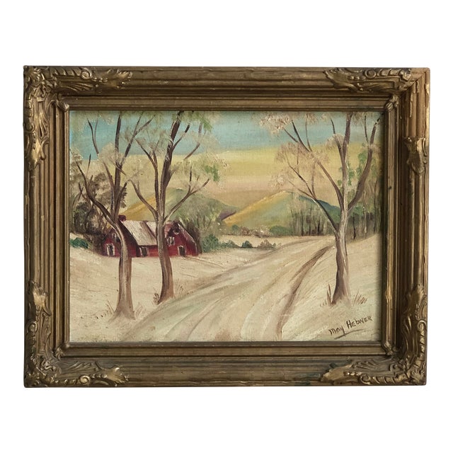 Mid-20th Century Winter Farmhouse Landscape, Oil on Board -- Framed For Sale