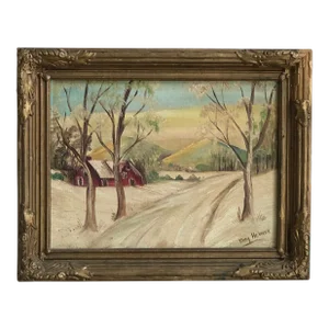 Mid-20th Century Winter Farmhouse Landscape, Oil on Board -- Framed