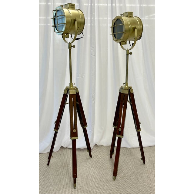 Pair of Industrial Style Search Lights, Mahogany Tri-Pod Base For Sale - Image 12 of 13