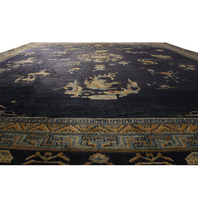 Art Deco Antique Samarkand Rug Art Deco Blue and Gold Pattern For Sale - Image 3 of 8