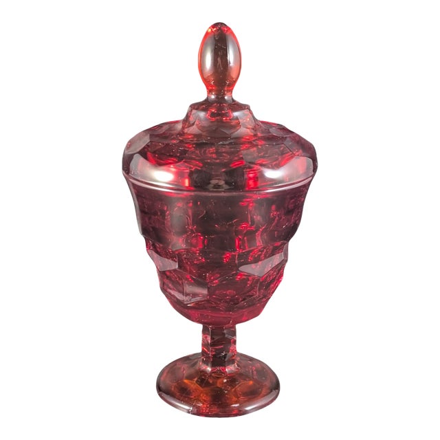1960's Viking Glass Ruby Red Lidded Georgian Candy Dish 9.25" For Sale