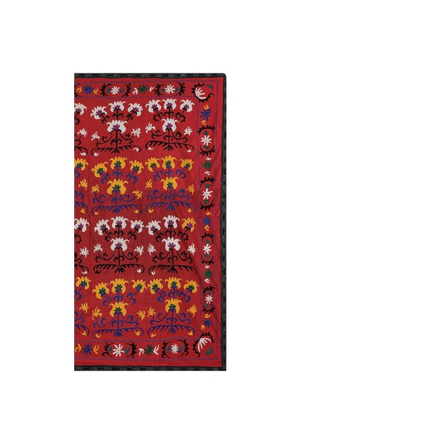 Mid-Century Modern Red Ethnic Suzani Wall Hanging - Bukhara Embroidered Boho Throw For Sale - Image 3 of 10