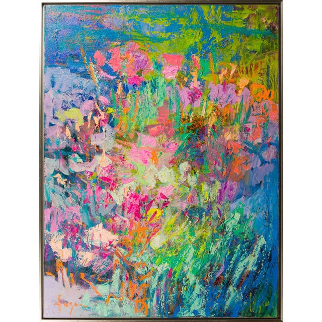This vibrant oil painting bursts with an array of colors, depicting an abstract landscape that evokes a sense of joy and...