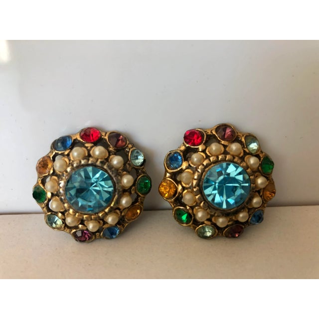 Vintage Mexican Colored Crystal and Petit Point Pearl Cluster Earrings - 2 Pieces For Sale - Image 4 of 8