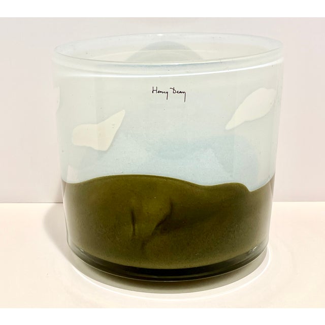 Glass Signed Henry Dean Belgian Mouth-Blown Art Glass Cylinder Vessel / Hurricane Seafoam Blue & Olive For Sale - Image 7 of 7