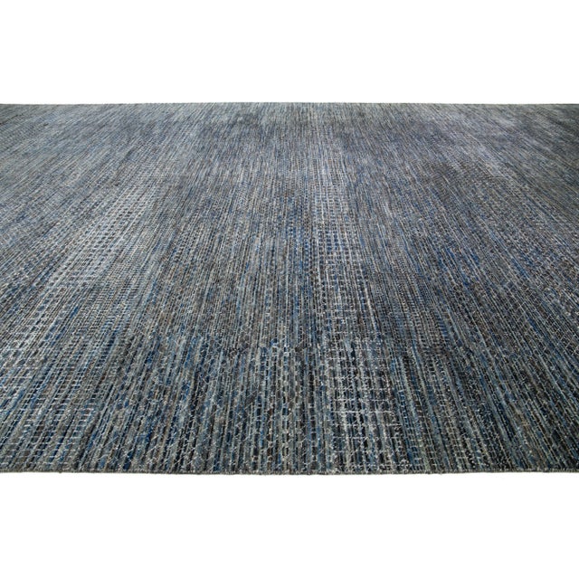 Textile Allover Geometric Modern Handmade Wool Rug in Gray & Blue Colors For Sale - Image 7 of 10