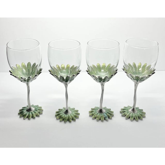 Forever International Set of 4 Green Enamel Metal Flower Wine Glasses 7 3/8” 8oz Excellent condition. No chips, cracks, or...