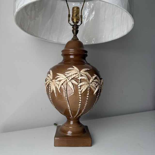 English 1970s Palm Tree Bamboo Relief Table Lamp For Sale - Image 3 of 10