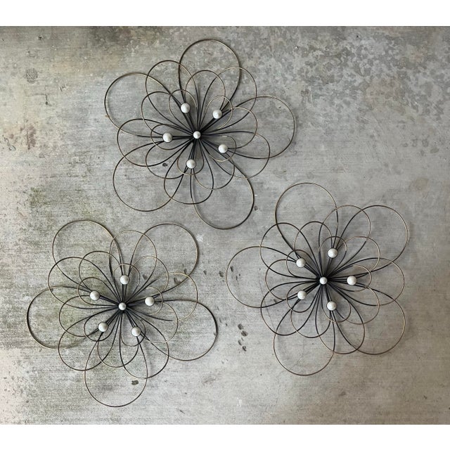 Contemporary MCM-Style 3 Gold Black w/Faux Pearl Wire Flower Wall Hangings 19” Good condition. No damage. Height 19 1/4”...