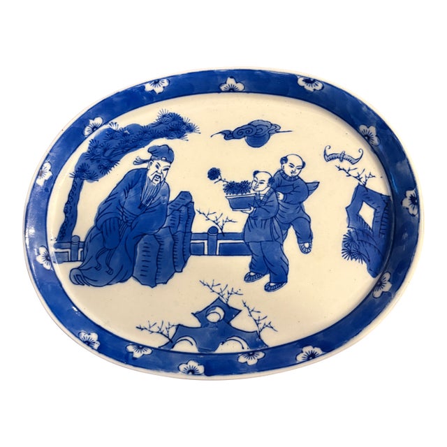 Antique Chinese Small Hand Painted Blue and White Platter With Scholar and Children Circa 1850 For Sale