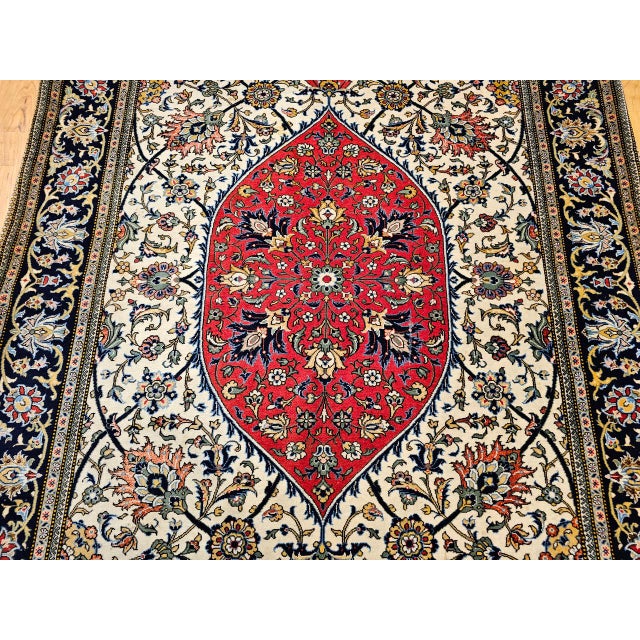 Vintage Qum Area Rug, Hand-Knotted Wool & Silk, Floral Medallion Pattern, 5x7, Ivory & Red For Sale - Image 13 of 18