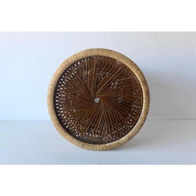Tan 1970s Ficks Reed Style Bohemian Round Handwoven Rattan Wicker Drum Side Drink Table For Sale - Image 8 of 15