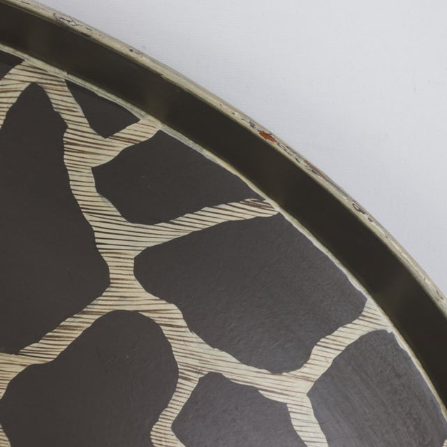 Vintage Large Oval Tole Tray - Hand Painted Brown and Cream Giraffe Animal Print Decorative Tray For Sale - Image 13 of 15