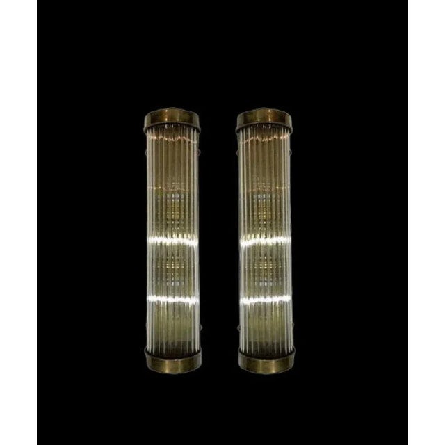 1940s Vintage Art Deco Skyscraper Rod Ship Light Wall Sconces Fixture in Brass & Glass - a Pair For Sale - Image 5 of 8