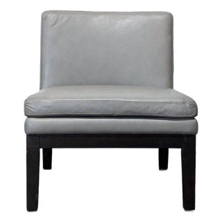 West Elm Modern Gray Leather Slipper Chair With Dark Wood Legs For Sale