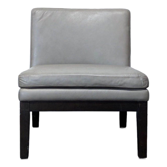 West Elm Modern Gray Leather Slipper Chair With Dark Wood Legs For Sale