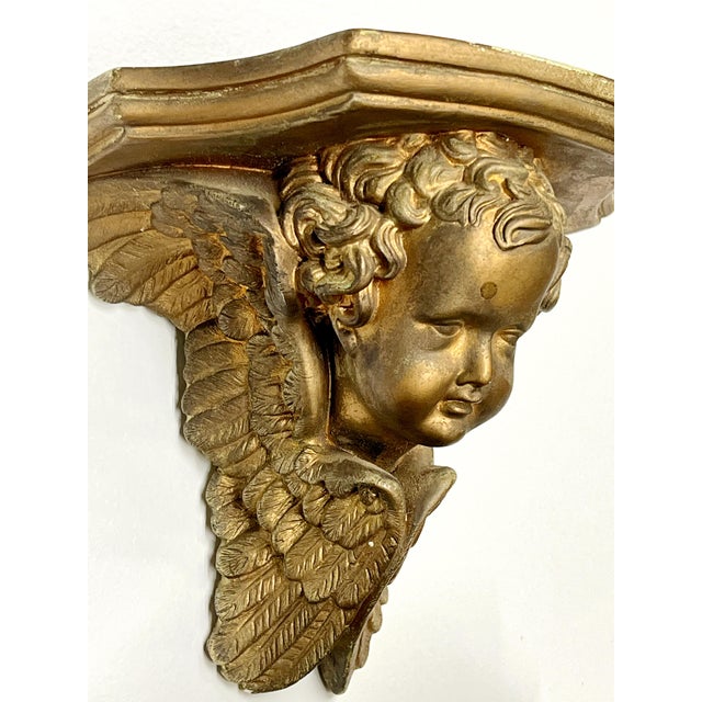 1970s Pair of Vintage Gilded Plaster Winged Cherub Wall Sconce Shelves For Sale - Image 5 of 12