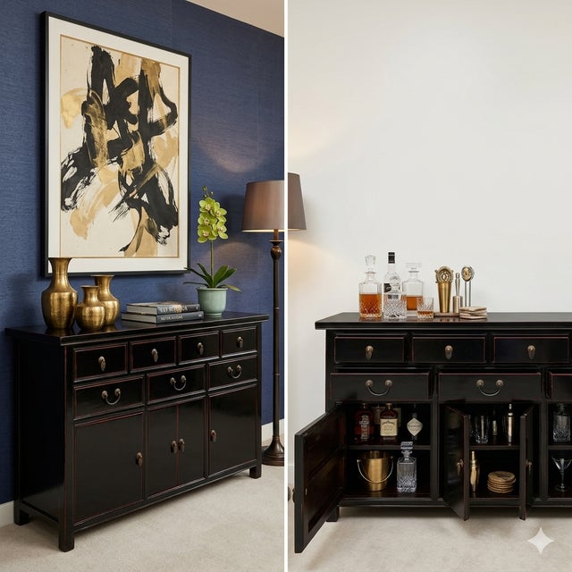 Handmade Solid Wood Black Sideboard With 7 Drawers – Oriental Style For Sale In San Francisco - Image 6 of 7