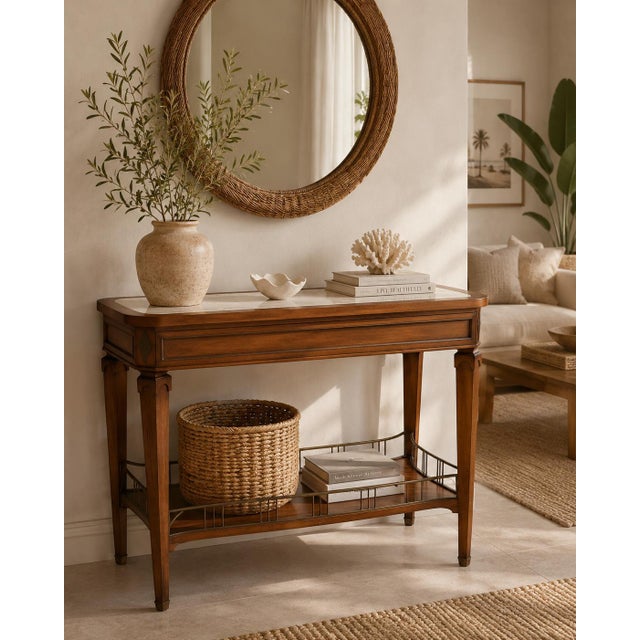 Elegant vintage French Louis XVI style console table crafted from rich mahogany and featuring a beautiful inset white...