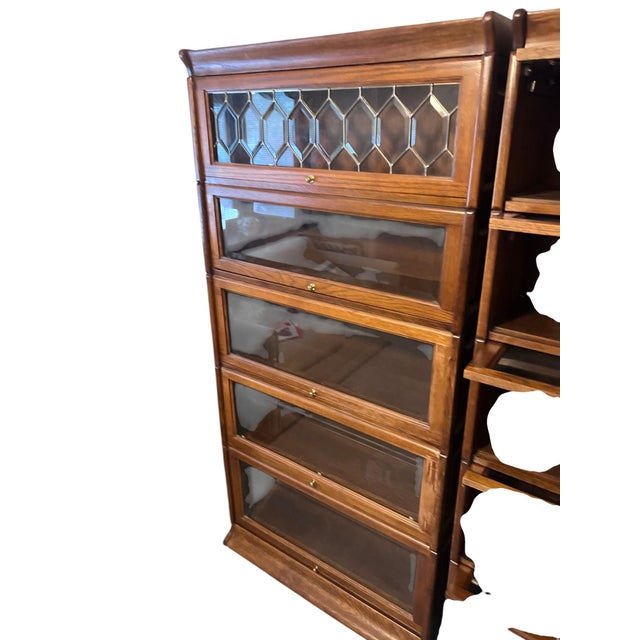 American Late 20th Century Oak Barrister Leaded Top 5 Stack Bookcase For Sale - Image 3 of 17