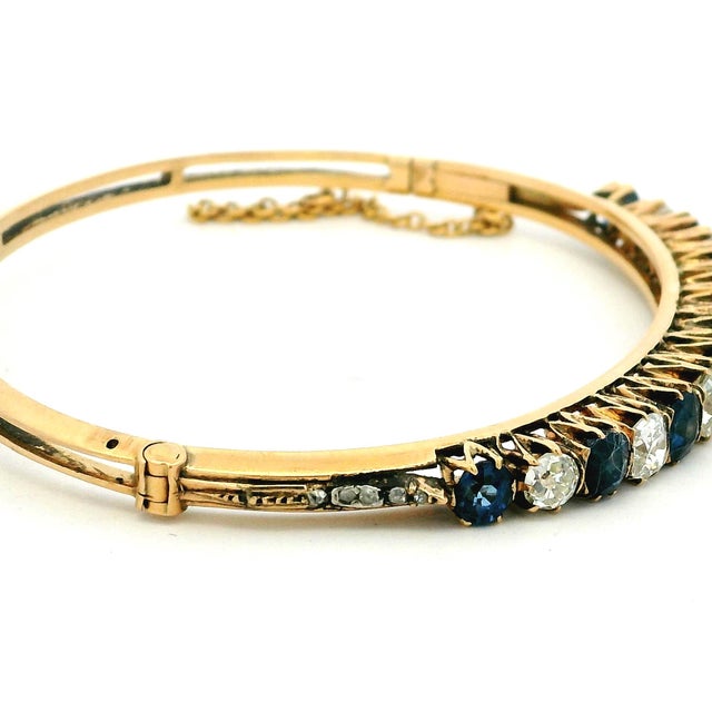1950s Vintage Sapphire and Diamond 14k Gold Bangle Bracelet, Circa 1950 For Sale - Image 5 of 17