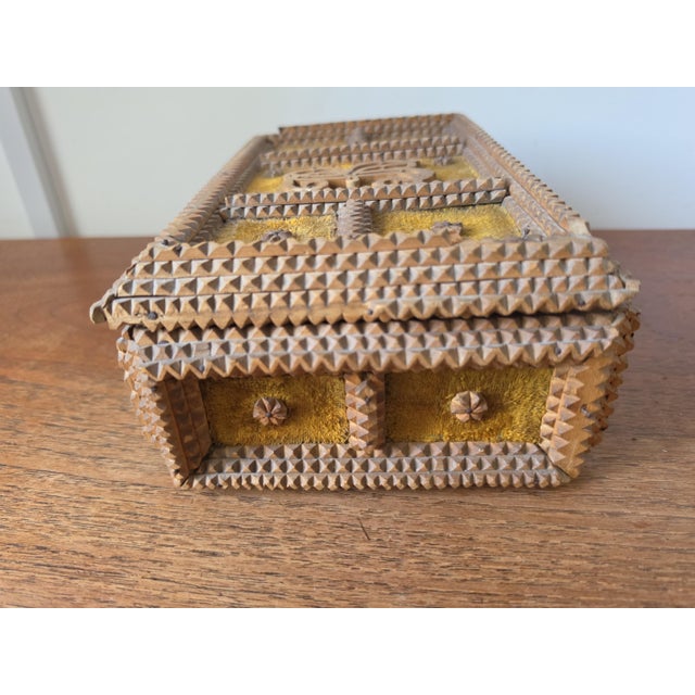 Antique Tramp Art Box Hand Carved Folk Art Keepsake Box Monogram R Velvet Jewelry Box Primitive Wooden Storage Decor For Sale - Image 13 of 15