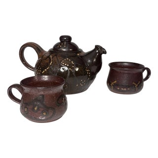 Handmade Ceramic Teapot and Cups from Helma Klett Workshop, Germany, 1980s, Set of 3 For Sale