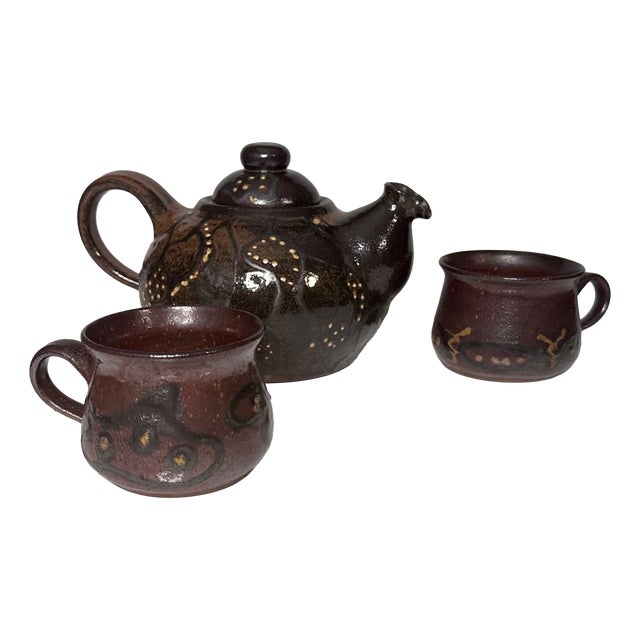 Handmade Ceramic Teapot and Cups from Helma Klett Workshop, Germany, 1980s, Set of 3 For Sale