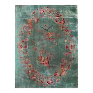 1920s Green Vase Floral Antique Chinese Art Deco Carpet 8'6" X 11'4" Knotted Wool Rug For Sale