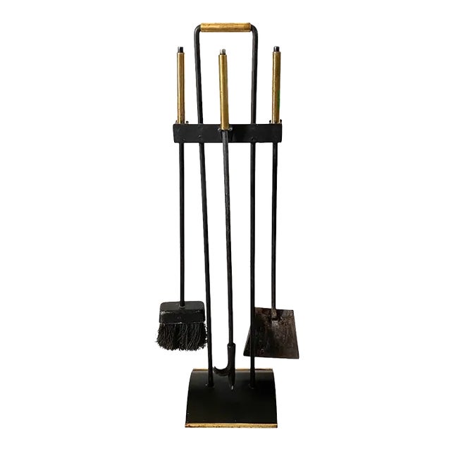 Mid Century Modernist Fireplace Tool Set Black Wrought Iron & Brass For Sale