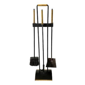 Mid Century Modernist Fireplace Tool Set Black Wrought Iron & Brass