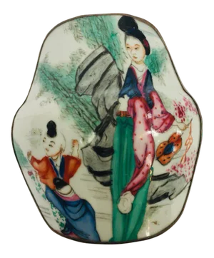 1960s Japanese Trinket Metal Box With Porcelain Top Hand Painted Asian Scene