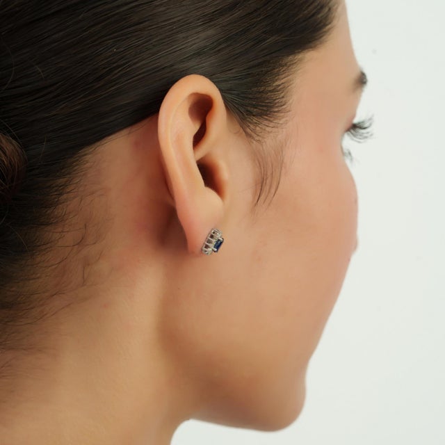 Blue Princess Diana-Inspired Oval Blue Sapphire & Diamond Halo Stud Earrings - A Pair For Sale - Image 8 of 13