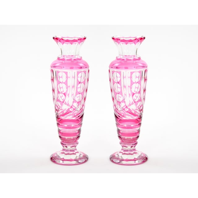 Mid-Century Modern Val Saint Lambert Pink Glass Vases Cut & Etched Decorated For Sale - Image 10 of 10