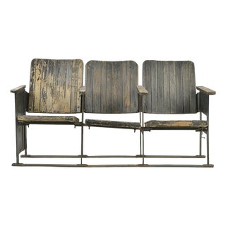 3-Seater Cinema Bench in Patinated Wood with Metal Frame For Sale