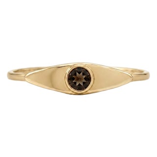 Smoky Quartz Signet Ring | 18k Yellow Gold Plated Modern Evil Eye Band | Dainty Stacking Ring Us 7 For Sale