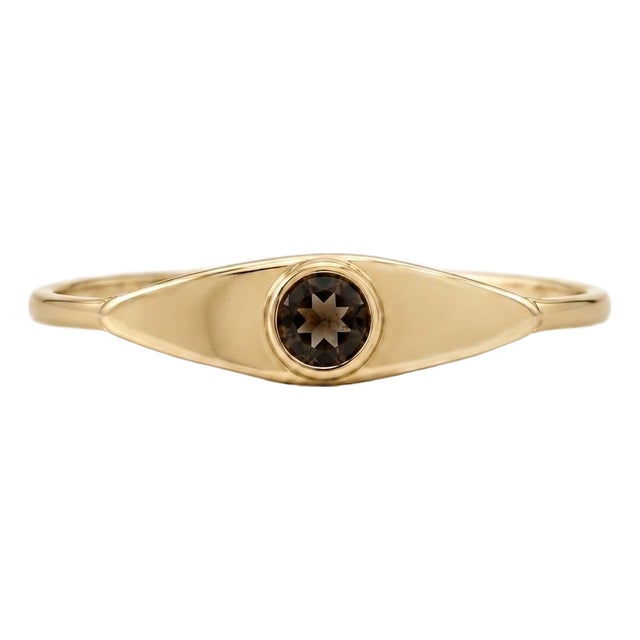 Smoky Quartz Signet Ring | 18k Yellow Gold Plated Modern Evil Eye Band | Dainty Stacking Ring Us 7 For Sale