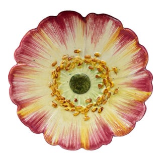 Majolica Pink Flower Plate, Delphin Massier, Circa 1890 For Sale