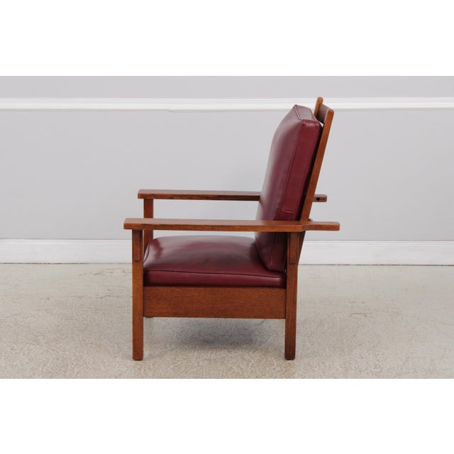 Stickley Gustav Stickley Antique Mission Oak Burgundy Leather Reclining Morris Chair For Sale - Image 4 of 15