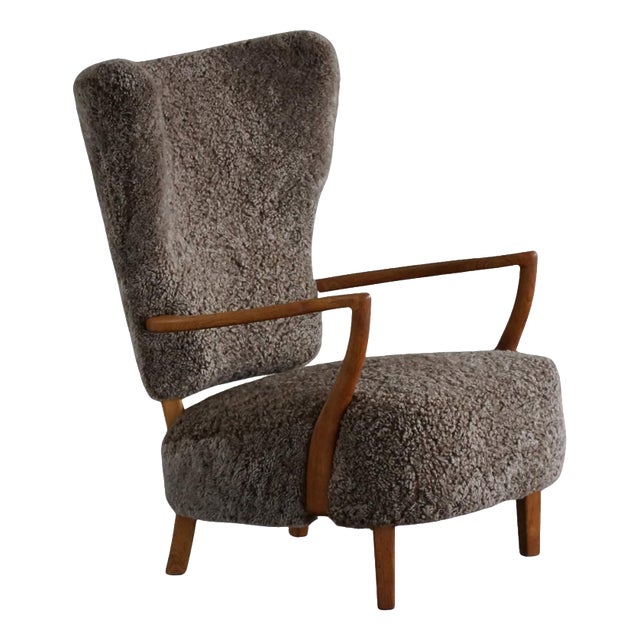 Danish Modern High-Back Lounge Chair in Oak and Lambswool by Viggo Boesen, 1950s For Sale