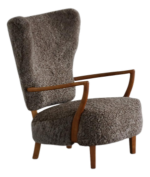 Danish Modern High-Back Lounge Chair in Oak and Lambswool by Viggo Boesen, 1950s